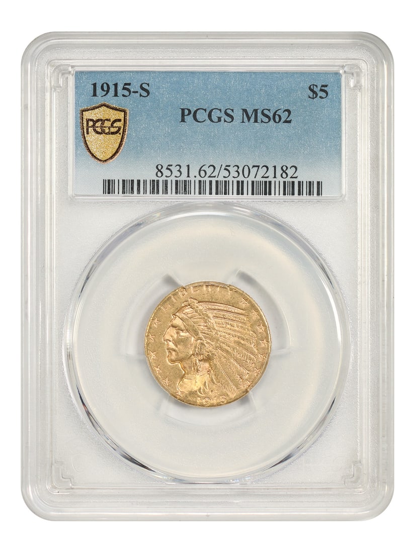 1915 S Indian Head $5 Gold Coin PCGS MS62 San Francisco Mint: 1915 S Indian Head $5 Gold Coin PCGS MS62 San Francisco Mint 1915-S Indian $5 gold coin certified by PCGS in MS62 condition. This uncirculated example is described as a difficult issue with lovely lus