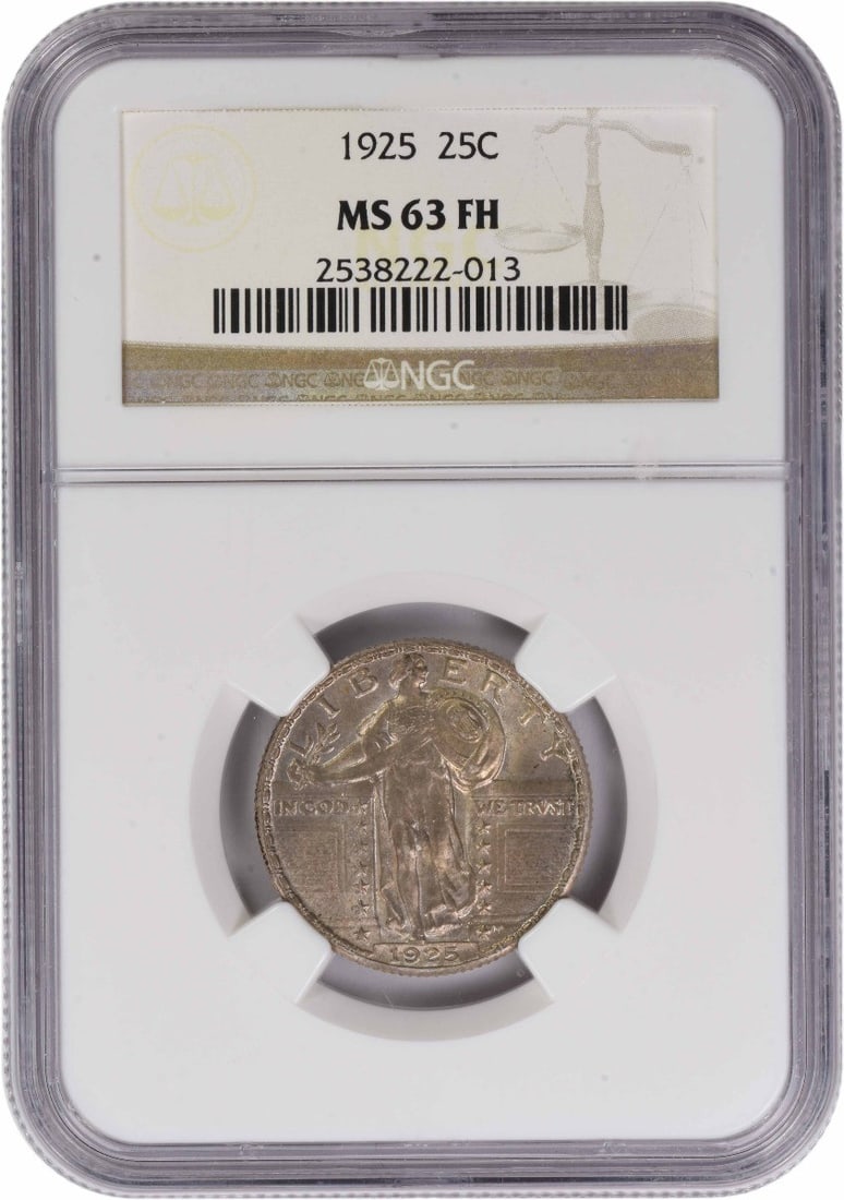 NGC MS63FH 1925 Standing Liberty 25C Silver Quarter: NGC MS63FH 1925 Standing Liberty 25C Silver Quarter 1925 Standing Liberty quarter certified by NGC and graded MS63FH. This uncirculated silver 25-cent coin is a pre-owned example from the United State