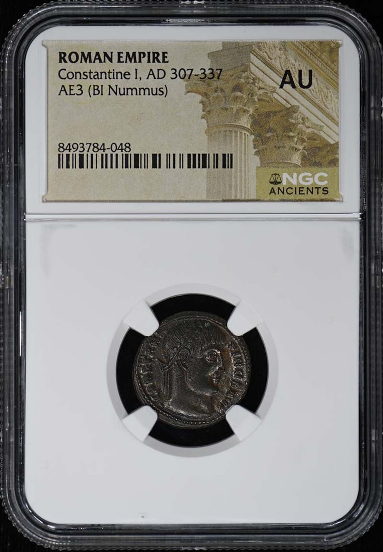 NGC AU Roman Empire AE3 BI Nummus Constantine I AD 307-337: NGC AU Roman Empire AE3 BI Nummus Constantine I AD 307-337 Roman Empire AE3 (BI Nummus) coin of Constantine I, dated AD 307-337. This certified pre-owned coin is graded AU by NGC. Specifications Ruler