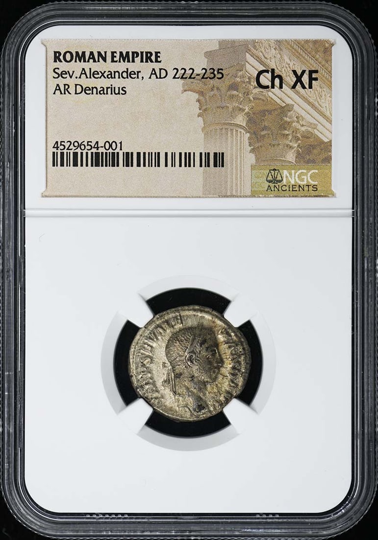 NGC Ch XF Roman Empire AR Denarius Severus Alexander AD 222-235: NGC Ch XF Roman Empire AR Denarius Severus Alexander AD 222-235 This is a Roman Empire AR Denarius coin from the reign of Severus Alexander, dating to AD 222-235. The coin has been certified and grade