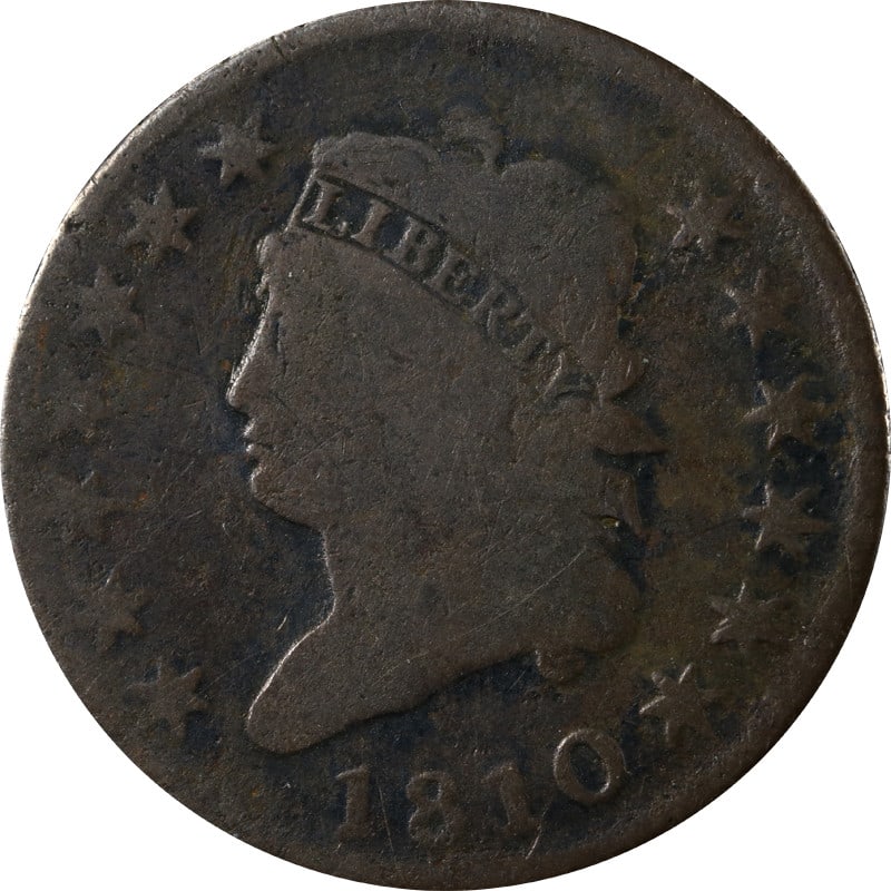 United States 1810 Large Cent Copper Coin: United States 1810 Large Cent Copper Coin 1810 Large Cent from the United States. This pre-owned coin is composed of copper and is listed in circulated, uncertified condition. Specifications Item Type