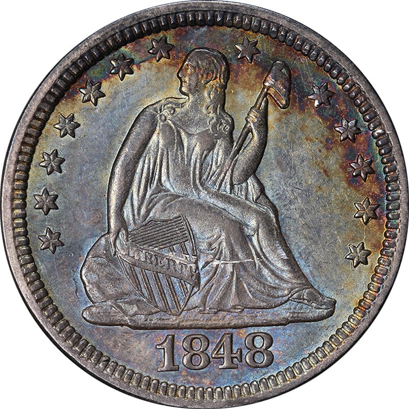 1848 Silver Seated Liberty Quarter Uncertified Choice BU Details: 1848 Silver Seated Liberty Quarter Uncertified Choice BU Details 1848 Seated Liberty Quarter with Choice BU Details. This uncirculated silver coin offers strong eye appeal, with nice luster, a strong 