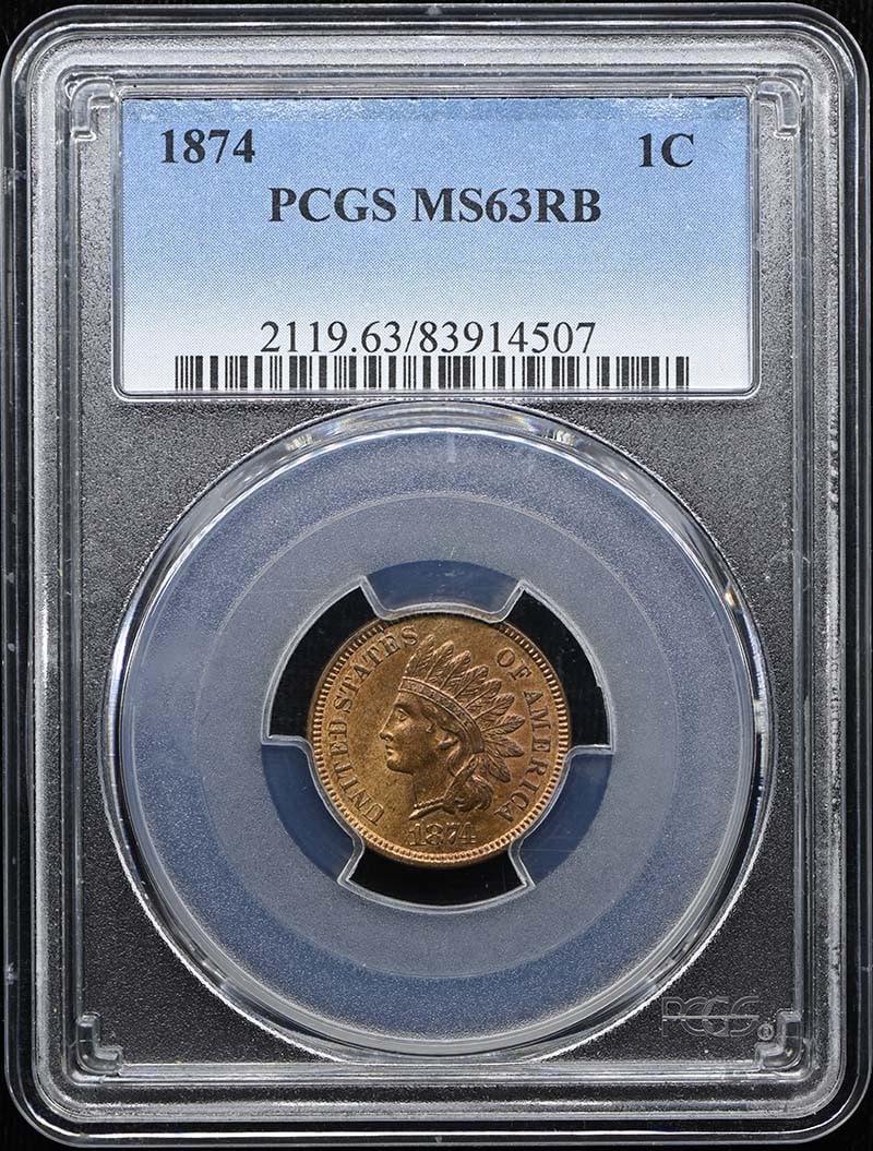 PCGS MS63RB 1874 Indian Cent 1C Type 3 Bronze: PCGS MS63RB 1874 Indian Cent 1C Type 3 Bronze 1874 Indian Cent Type 3 bronze coin, graded MS63RB by PCGS. This pre-owned coin is an uncirculated example from the United States with Red Brown designati
