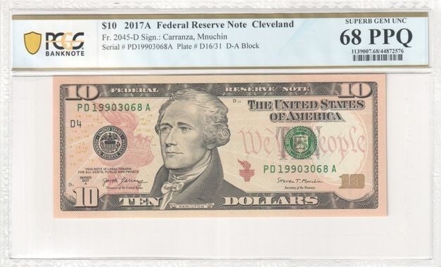 PCGS Superb Gem 68 Cleveland 2017A $10 Federal Reserve Banknote: PCGS Superb Gem 68 Cleveland 2017A $10 Federal Reserve Banknote This is a 2017A $10 Federal Reserve Note from Cleveland, graded PCGS Superb GEM 68 PPQ. The note is uncirculated and certified by PCGS B