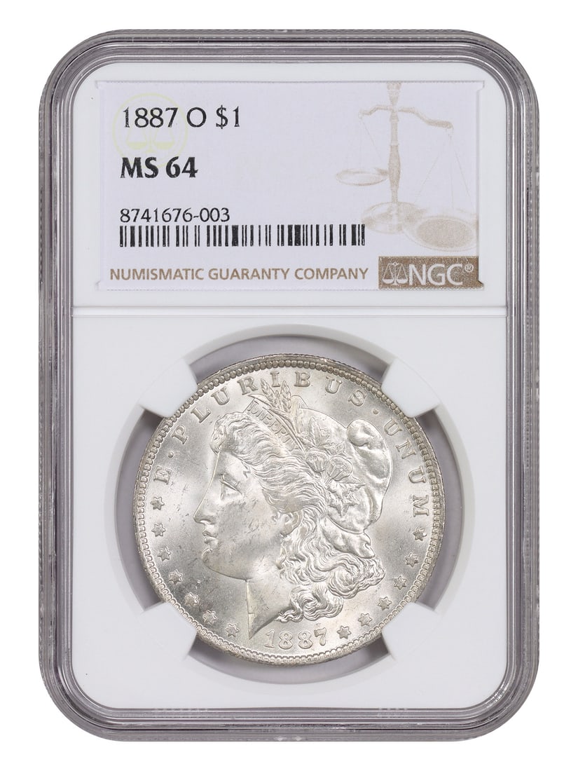NGC MS64 1887 O Morgan Silver Dollar $1 New Orleans Mint: NGC MS64 1887 O Morgan Silver Dollar $1 New Orleans Mint 1887-O Morgan Dollar certified by NGC as MS64. This uncirculated New Orleans Mint issue is noted as a popular O-Mint date that remains readily 