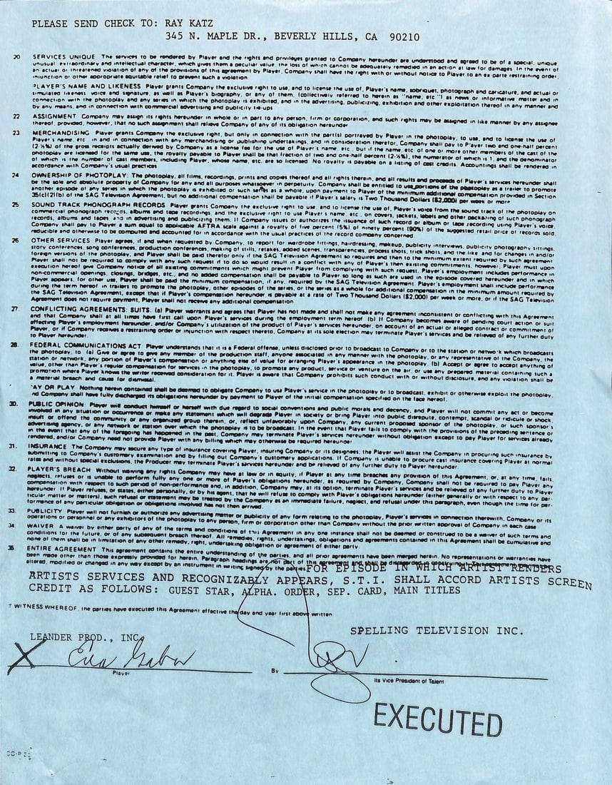 Beckett Authenticated Eva Gabor Autographed Spelling Television Contract (1 of 1)