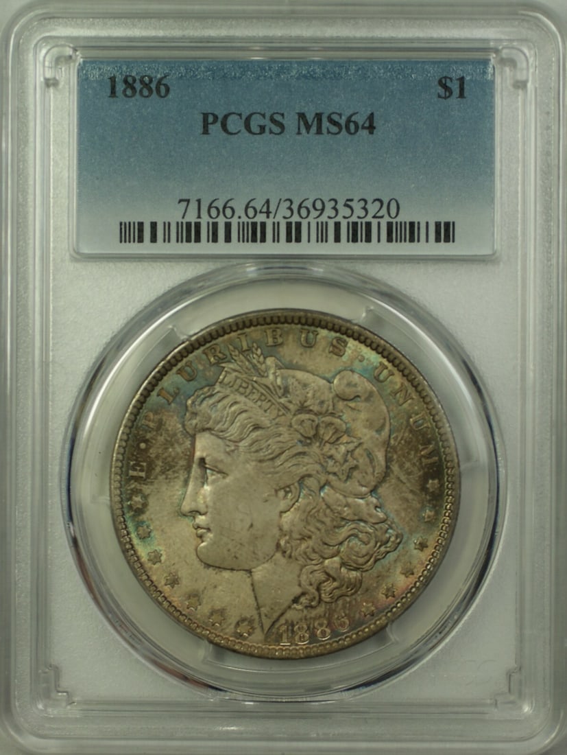 PCGS MS-64 1886 Morgan Dollar $1 Silver Coin Toned: PCGS MS-64 1886 Morgan Dollar $1 Silver Coin Toned This is an 1886 Morgan Silver Dollar $1 coin from the United States, certified by PCGS with a grade of MS-64. Minted in Philadelphia, the coin featur