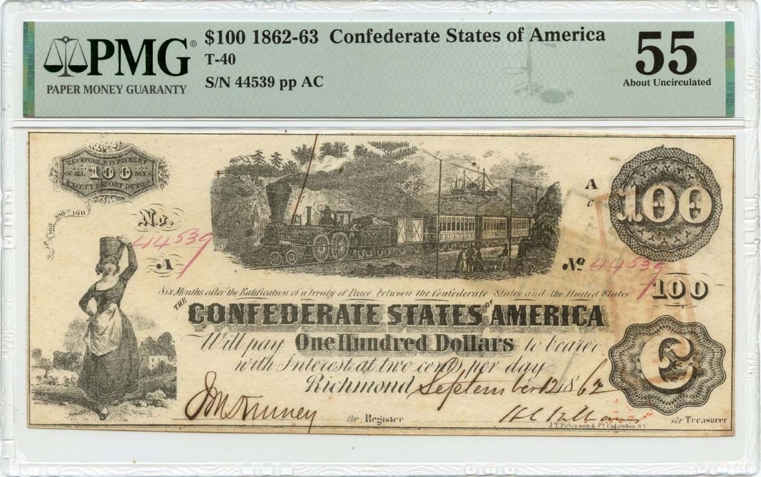 PMG AU55 1862 Confederate States of America T-40 $100 Note: PMG AU55 1862 Confederate States of America T-40 $100 Note 1862 Confederate States of America T-40 $100 note graded PMG AU55. This pre-owned, circulated note is a certified example from the Confederat