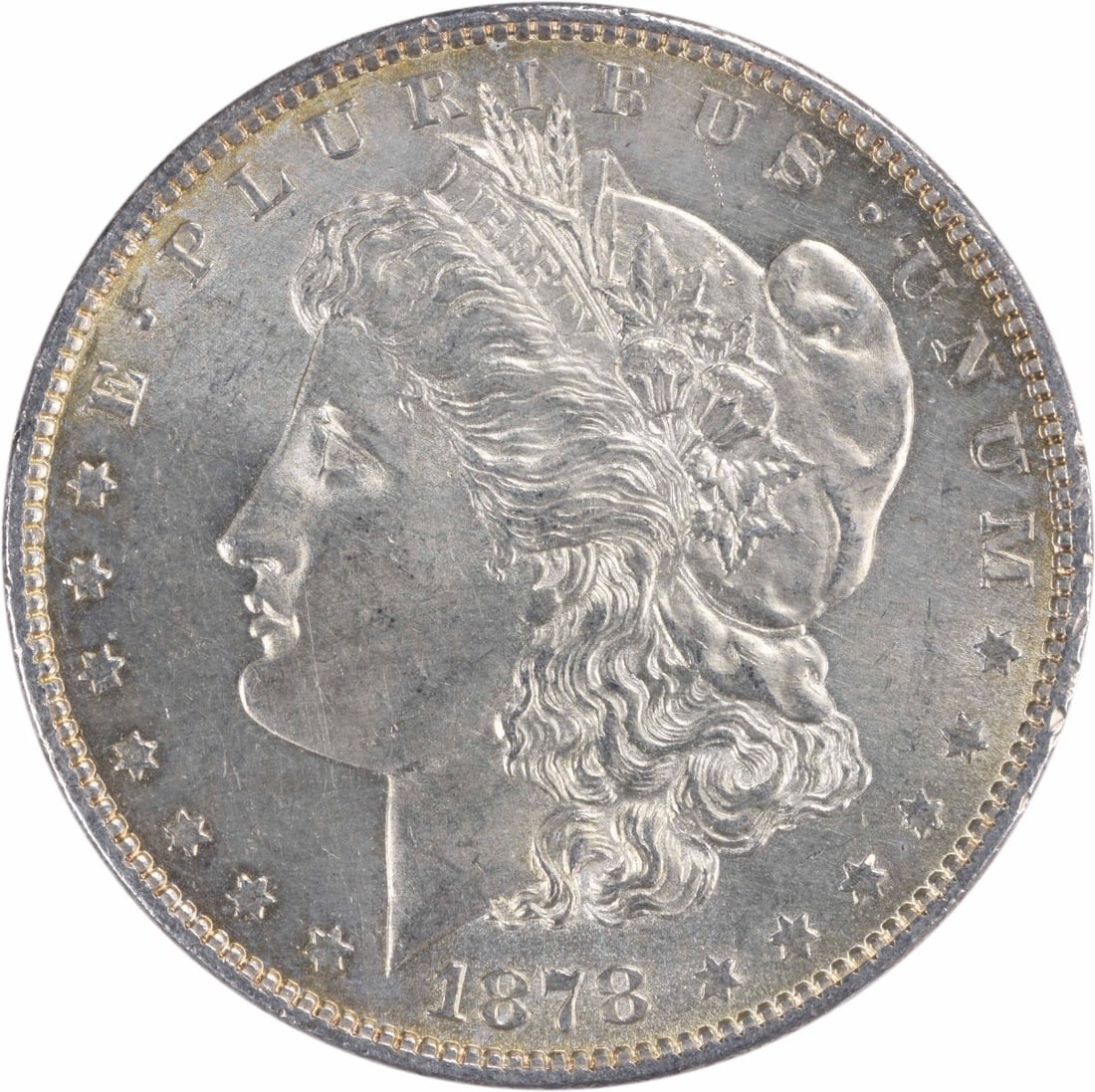 1878 Morgan Dollar Silver Coin 7 Tailfeathers Reverse 1879 Choice BU Uncertified: 1878 Morgan Dollar Silver Coin 7 Tailfeathers Reverse 1879 Choice BU Uncertified This is a 1878 Morgan Silver Dollar featuring the 7 Tail Feathers reverse of 1879. The coin is uncertified and in Choic