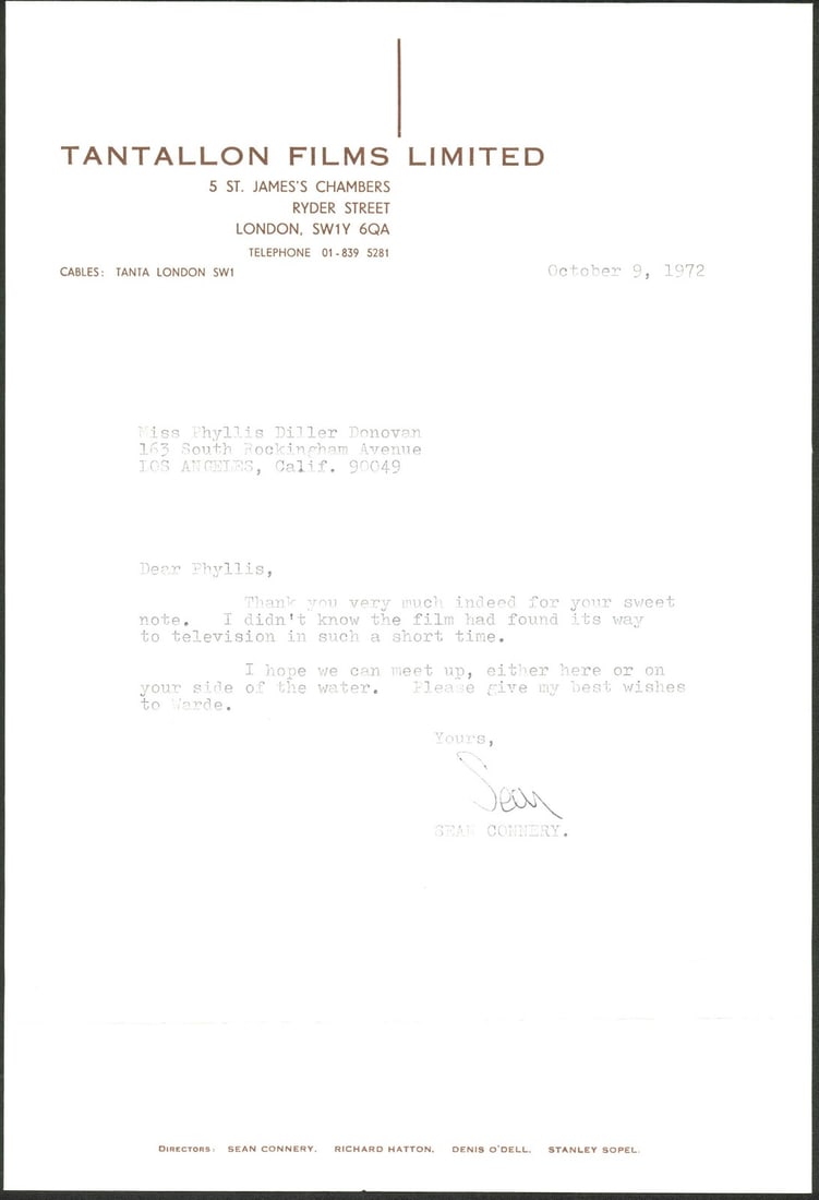 Sean Connery Signed 1972 Letter on Tantallon Films Ltd Letterhead BAS COA: Sean Connery Signed 1972 Letter on Tantallon Films Ltd Letterhead BAS COA This is a remarkable piece of memorabilia: a letter personally signed by the legendary Sean Connery. Dated October 9, 1972, th