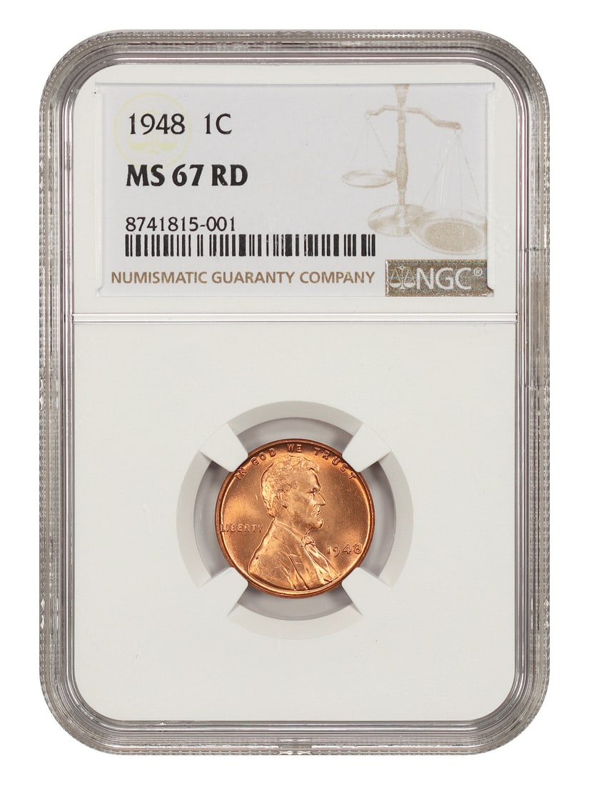 NGC MS67RD 1948 Lincoln Wheat Cent 1C Philadelphia RD: NGC MS67RD 1948 Lincoln Wheat Cent 1C Philadelphia RD 1948 Lincoln Cent with Wheat Reverse, certified by NGC as MS67RD. This uncirculated example is identified as a tougher date to acquire at such a h