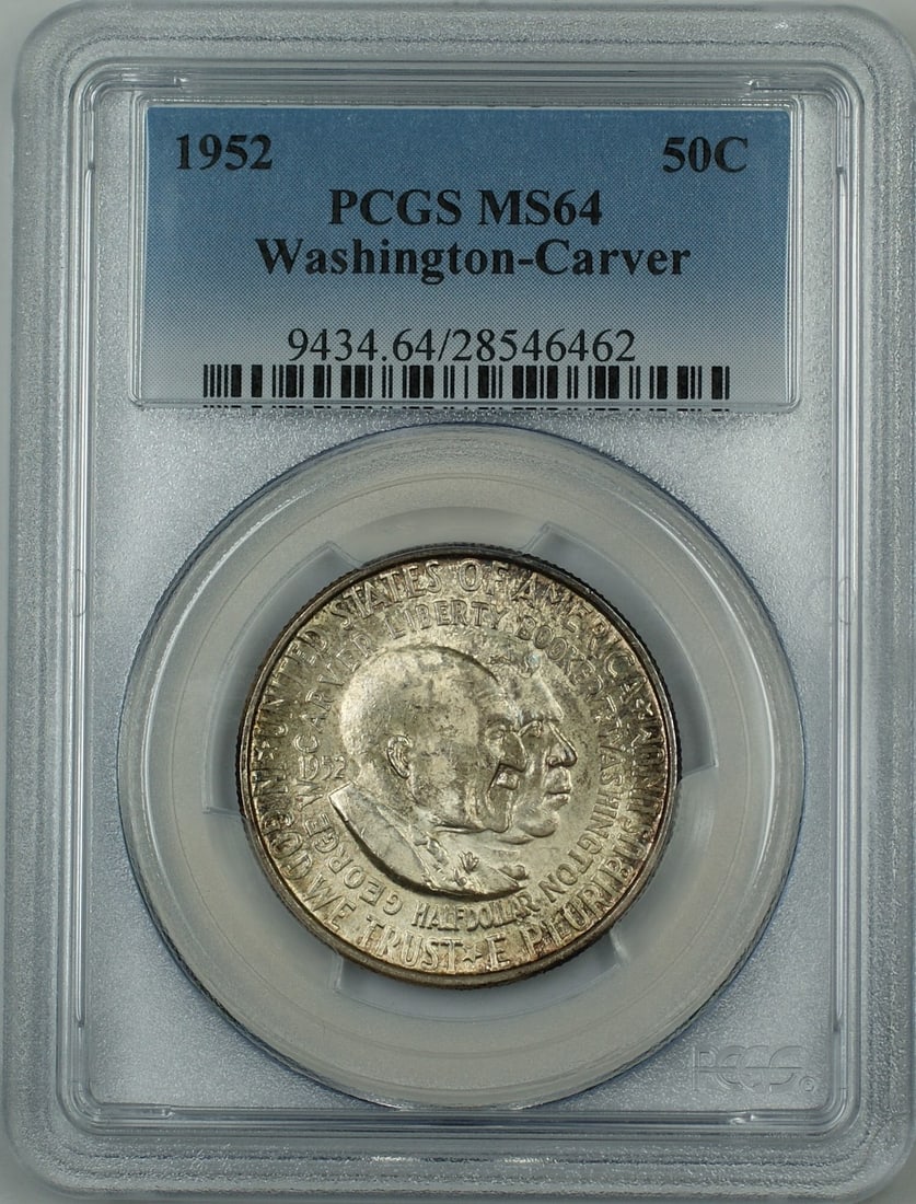 PCGS MS-64 1952 Washington-Carver Silver Commemorative Half Dollar Toned: PCGS MS-64 1952 Washington-Carver Silver Commemorative Half Dollar Toned 1952 Washington-Carver commemorative silver half dollar coin with attractive toned surfaces, graded MS-64 by PCGS. This uncircu