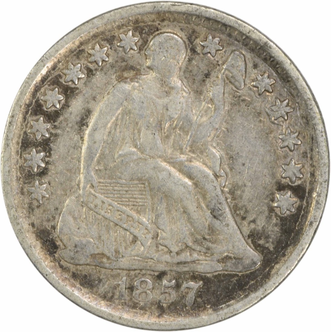 1857 Liberty Seated Half Dime EF Uncertified 90% Silver Coin: 1857 Liberty Seated Half Dime EF Uncertified 90% Silver Coin This 1857 Liberty Seated Silver Half Dime showcases a stunning design by Christian Gobrecht. Minted in Philadelphia, this coin is part of a