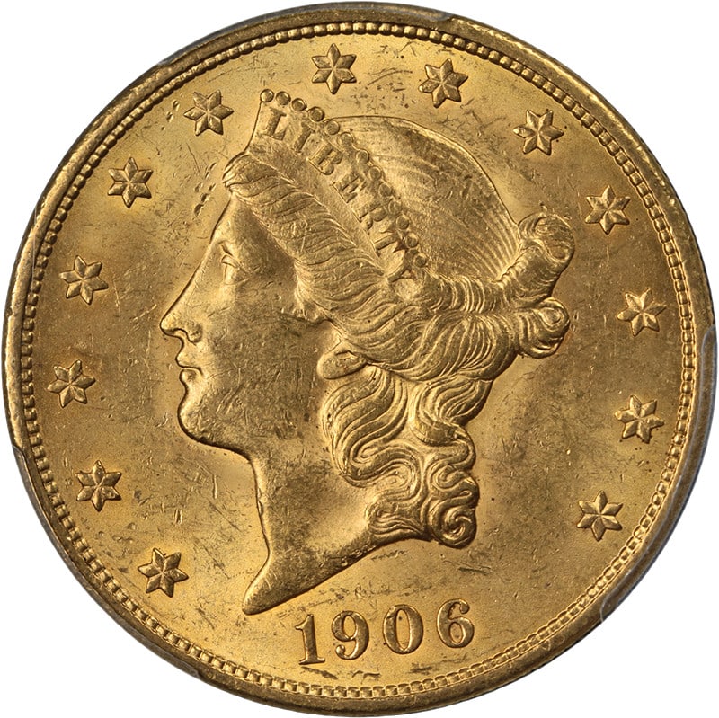 PCGS MS63 1906 Liberty Head $20 Gold Coin Philadelphia: PCGS MS63 1906 Liberty Head $20 Gold Coin Philadelphia Original 1906-P Liberty Gold $20 coin certified by PCGS as MS63. This uncirculated key date example offers fantastic luster, a nice strike, and d