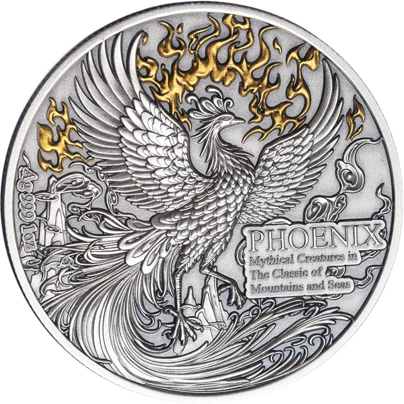 Samoa Mythical Creatures Phoenix 2026 1 oz .999 Silver Coin Gold Gilded: Samoa Mythical Creatures Phoenix 2026 1 oz .999 Silver Coin Gold Gilded 2026 Samoa 1 ounce silver coin from the Mythical Creatures series featuring the Phoenix design with antique gold gilding. This s
