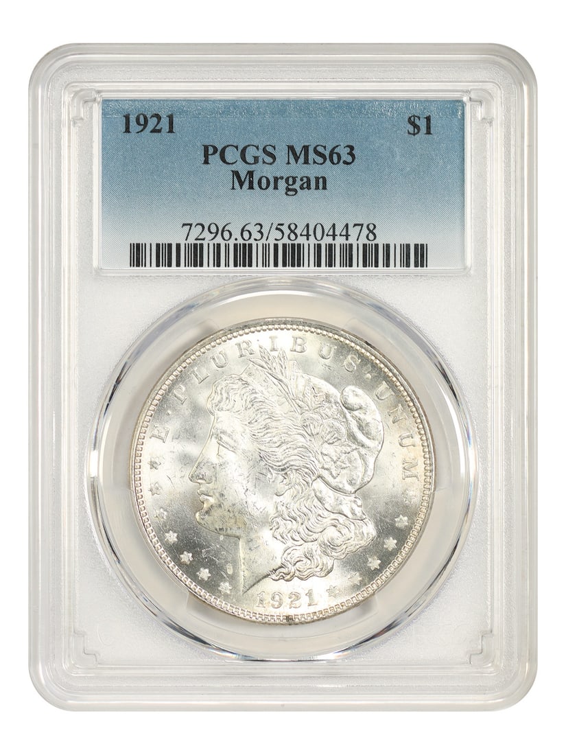 PCGS MS63 1921 Morgan Silver Dollar $1 Philadelphia: PCGS MS63 1921 Morgan Silver Dollar $1 Philadelphia 1921 Morgan Dollar certified by PCGS in MS63 grade. This uncirculated $1 coin is a pre-owned example from the Philadelphia Mint. Specifications Deno