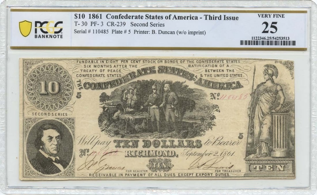 PCGS VF25 1861 Confederate States of America 10 Dollar Note T-30 (1 of 2)