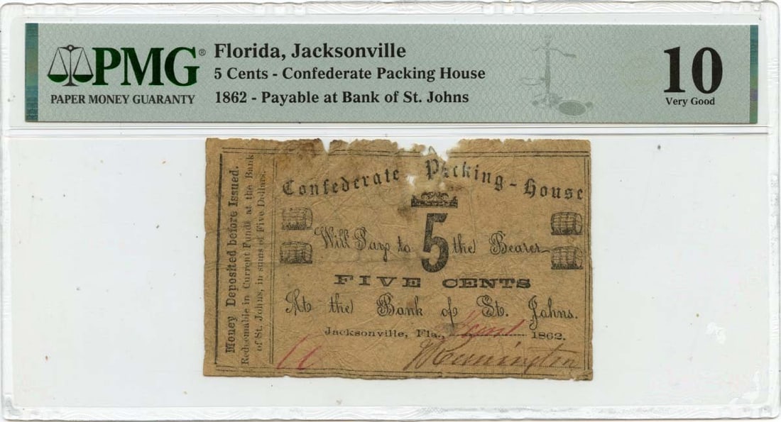 PMG VG10 1862 Jacksonville Florida 5c Obsolete Note (1 of 2)