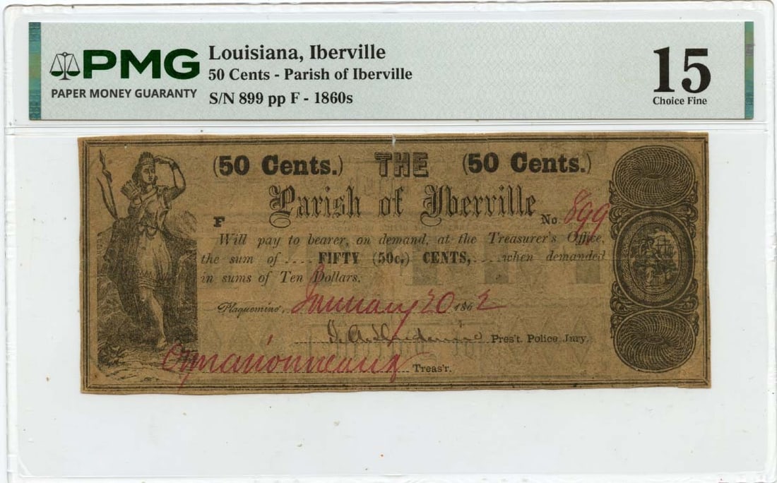 PMG F15 1862 Plaquemine Louisiana 50 Cents Iberville Parish Note (1 of 2)