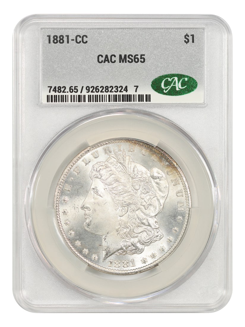 CACG MS65 1881 CC Morgan Silver Dollar $1 Carson City: CACG MS65 1881 CC Morgan Silver Dollar $1 Carson City 1881-CC Morgan Dollar certified by CACG in MS65 grade. This popular Carson City issue had a mintage of only 296,000 pieces, with most examples nev