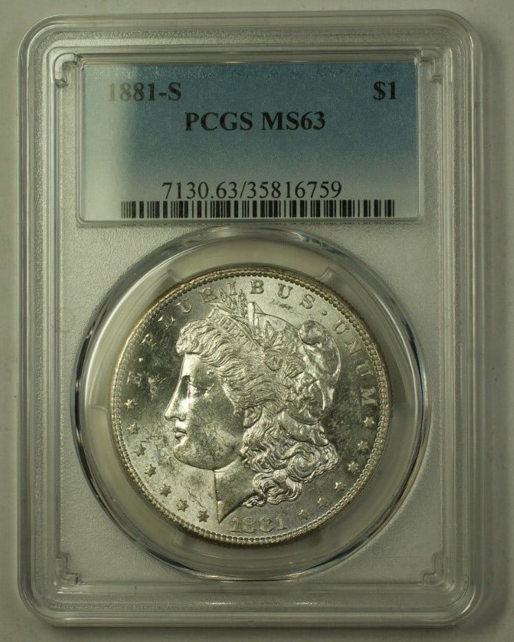 PCGS MS-63 1881-S Morgan Dollar Silver $1 US Coin: PCGS MS-63 1881-S Morgan Dollar Silver $1 US Coin 1881-S Morgan Silver Dollar $1 coin from the United States, certified by PCGS and presented in a protective holder. This silver coin is listed as unci