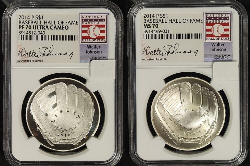 2014 P Baseball Hall of Fame Silver Dollar 2 Coin Set NGC PF70 MS70 Walter Johnson: 2014 P Baseball Hall of Fame Silver Dollar 2 Coin Set NGC PF70 MS70 Walter Johnson Original 2014-P Baseball Hall of Fame commemorative silver $1 2-coin set with proof and mint state examples, each gra