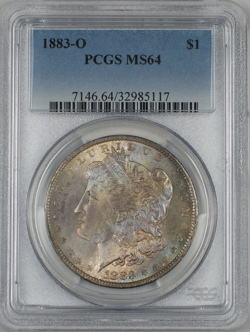 PCGS MS64 1883 O Morgan Silver Dollar Toned New Orleans Mint: PCGS MS64 1883 O Morgan Silver Dollar Toned New Orleans Mint 1883-O Morgan Silver Dollar $1 coin graded PCGS MS-64, featuring attractive toning with light gold and light purple color contrast on the o