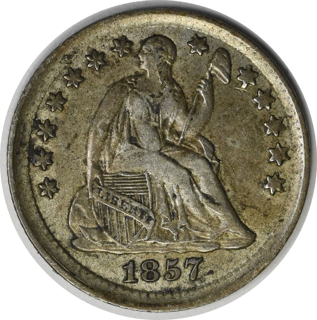 1857 Seated Liberty Half Dime Silver AU Uncertified: 1857 Seated Liberty Half Dime Silver AU Uncertified This 1857 Liberty Seated Silver Half Dime is a circulated coin from the United States. Featuring the classic Seated Liberty design, it is composed o