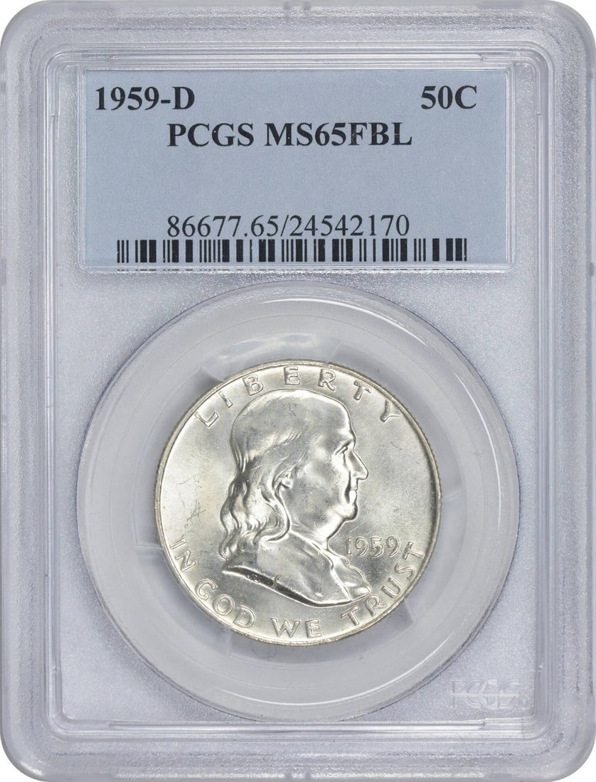 PCGS MS65FBL 1959 D Franklin 50C Silver Half Dollar: PCGS MS65FBL 1959 D Franklin 50C Silver Half Dollar 1959-D Franklin Silver Half Dollar certified by PCGS and graded MS65FBL. This uncirculated U.S. 50C coin features the Franklin design and is struck 