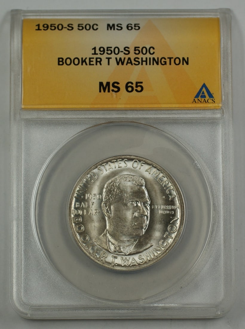 ANACS MS 65 1950-S Silver Commemorative Half Dollar Booker T Washington: ANACS MS 65 1950-S Silver Commemorative Half Dollar Booker T Washington This 1950-S Booker T. Washington Silver Half Dollar is a commemorative coin graded MS-65 by ANACS. Minted in San Francisco, the 