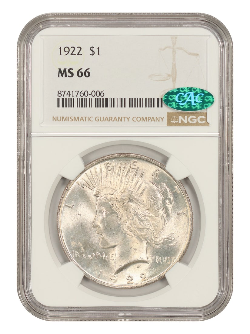 NGC CAC MS66 1922 Philadelphia Peace Dollar $1: NGC CAC MS66 1922 Philadelphia Peace Dollar $1 Certified 1922 Peace Dollar in uncirculated condition. This $1 coin was struck in Philadelphia and is graded MS66 by NGC with CAC approval. Pre-owned. Sp