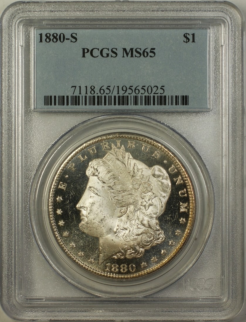 PCGS MS65 1880-S Morgan Dollar Proof Like Obverse: PCGS MS65 1880-S Morgan Dollar Proof Like Obverse This is an 1880-S Morgan Silver Dollar featuring a proof-like obverse. The coin is certified by PCGS and has been graded MS-65. It is uncirculated and