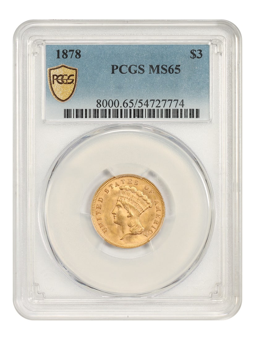 PCGS MS65 1878 Three Dollar Gold Coin Philadelphia: PCGS MS65 1878 Three Dollar Gold Coin Philadelphia 1878 Three Dollar gold coin certified by PCGS in MS65 grade. This uncirculated example is described as a popular $3 gold type coin that is difficult 