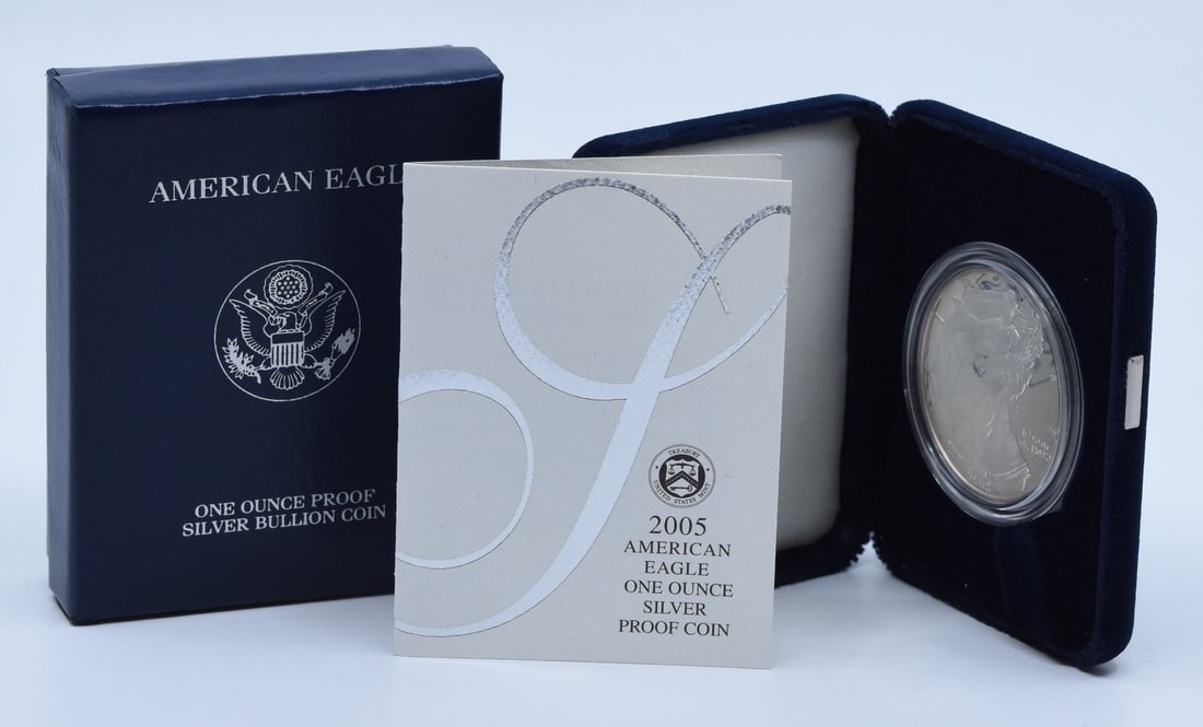 2005 W American Silver Eagle Proof Dollar with OGP: 2005 W American Silver Eagle Proof Dollar with OGP 2005-W American Proof Silver Eagle presented in its original government packaging. This proof strike coin contains 1 oz of silver and is offered in p