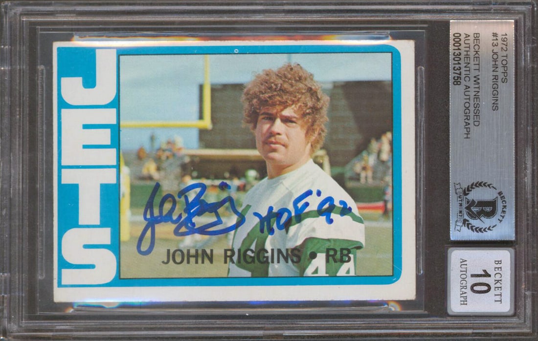 John Riggins Signed 1972 Topps #13 Card Graded Mint 10 Beckett: John Riggins Signed 1972 Topps #13 Card Graded Mint 10 Beckett This 1972 Topps #13 card features John Riggins, a legendary player of the Washington Redskins, and is a remarkable addition for any footb