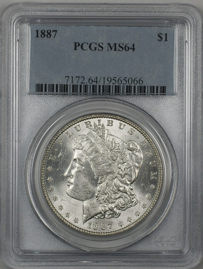 PCGS MS-64 1887 Morgan Dollar Silver Coin With Toned Reverse: PCGS MS-64 1887 Morgan Dollar Silver Coin With Toned Reverse This is an 1887 Morgan Silver Dollar graded MS-64 by PCGS, featuring a toned reverse. Minted in Philadelphia, this uncirculated coin is com