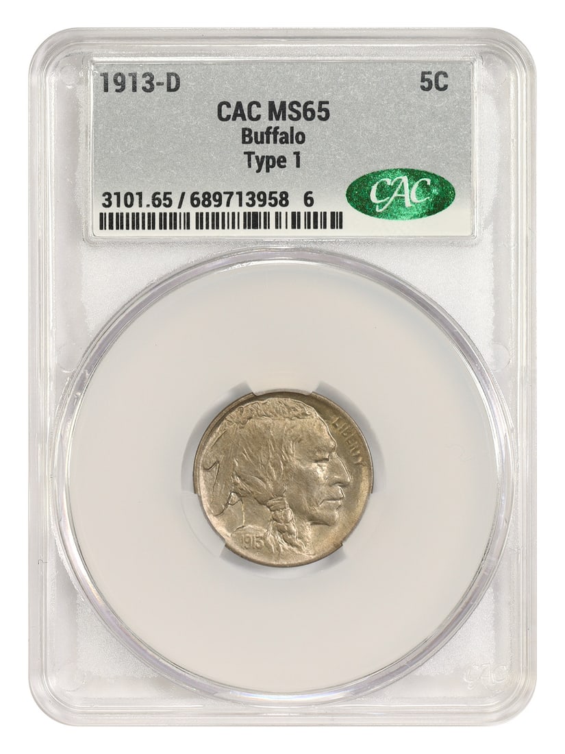 CACG MS65 1913-D Buffalo Nickel 5C Type 1 Denver Mint: CACG MS65 1913-D Buffalo Nickel 5C Type 1 Denver Mint 1913-D Buffalo Nickel (Type 1), denomination 5C, certified by CACG and graded MS65. This Denver Mint example is listed as uncirculated and pre-own