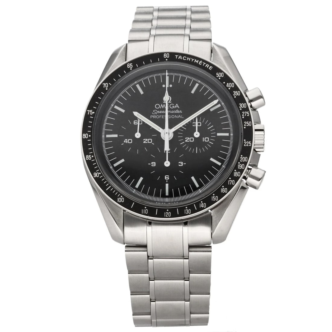 Omega 3572.5 Speedmaster Moonwatch Professional watch black dial steel bracelet: Omega 3572.5 Speedmaster Moonwatch Professional watch black dial steel bracelet Omega Speedmaster Moonwatch Professional wristwatch featuring a black dial, fixed tachymeter bezel, and stainless steel 