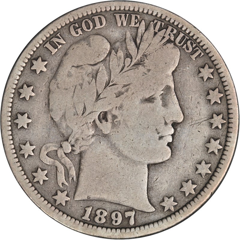 1897 O Barber Half Dollar Silver Coin VG F: 1897 O Barber Half Dollar Silver Coin VG F Original 1897-O Barber Half Dollar in Choice VG/F circulated condition. This key date coin is described as having great eye appeal, a nice strike, great colo