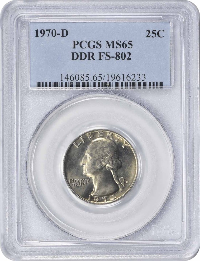 PCGS MS65 1970-D Washington Quarter DDR FS-802: PCGS MS65 1970-D Washington Quarter DDR FS-802 1970-D Washington Quarter DDR FS-802 certified by PCGS and graded MS65. This uncirculated pre-owned coin is a 25-cent Washington quarter struck in Denver