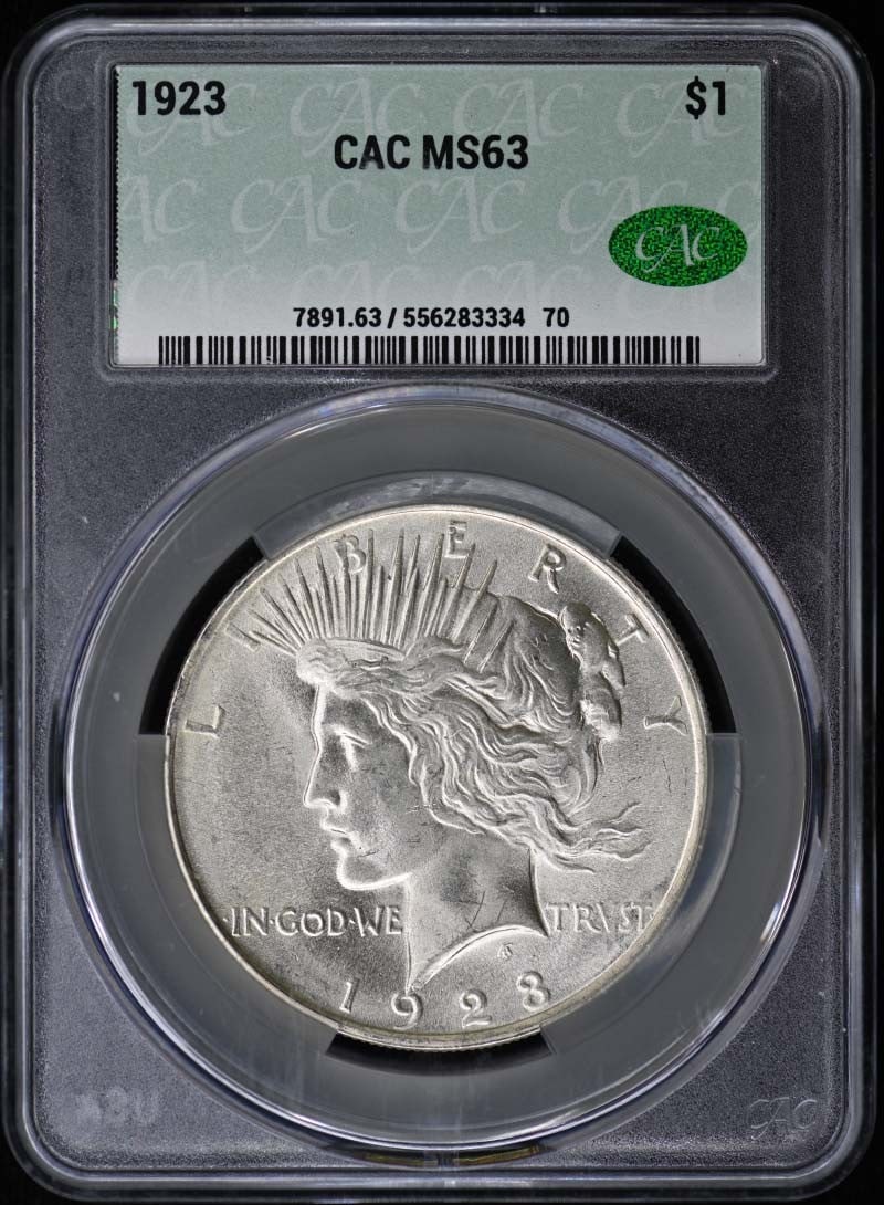 1923 Peace Silver Dollar CACG MS63 Certified with CAC Sticker: 1923 Peace Silver Dollar CACG MS63 Certified with CAC Sticker This 1923 Peace Dollar is certified by CACG with a grade of MS63 and features a CAC designation. The coin is uncirculated and was minted i