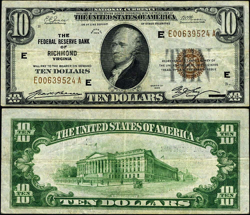 1929 Richmond $10 Federal Reserve Bank Note Fr 1860 E-A Block VF+: 1929 Richmond $10 Federal Reserve Bank Note Fr 1860 E-A Block VF+ 1929 $10 Federal Reserve Bank Note from the Richmond district, Fr. 1860 E, E-A block. This circulated example is graded VF+ and shows 