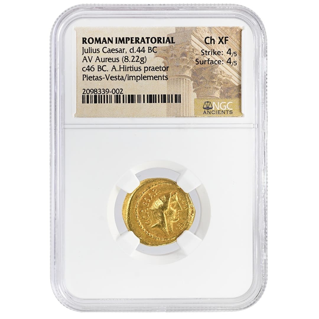 Ancient Roman Gold Aureus Julius Caesar 44 BC NGC CH XF 8.22g: Ancient Roman Gold Aureus Julius Caesar 44 BC NGC CH XF 8.22g This is an ancient Roman gold Aureus coin from 44 BC, featuring Julius Caesar. The coin weighs 8.22 grams and is composed of gold. It has 