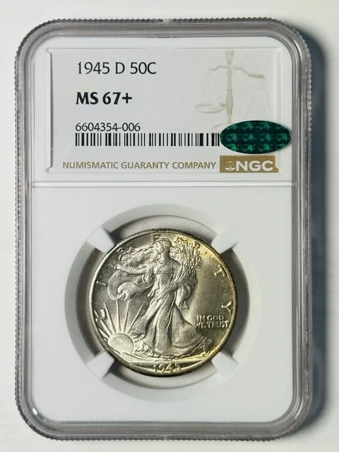 NGC MS-67+ CAC 1945-D Walking Liberty Silver Half Dollar: NGC MS-67+ CAC 1945-D Walking Liberty Silver Half Dollar Pre-owned 1945 Walking Liberty half dollar certified by NGC and CAC with an MS 67+ grade. This silver U.S. coin was minted in Denver. Specifica
