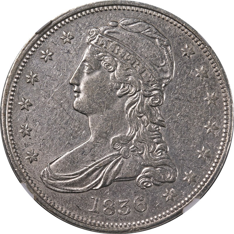 1836 Silver Bust Half Dollar Reeded Edge NGC AU Details Key Date: 1836 Silver Bust Half Dollar Reeded Edge NGC AU Details Key Date 1836 Bust Half Dollar with reeded edge, certified by NGC as AU Details. This circulated silver coin is noted for its nice eye appeal, n