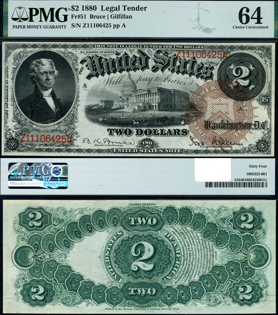1880 $2 Legal Tender Note FR 51 PMG Certified Choice CU64: 1880 $2 Legal Tender Note FR 51 PMG Certified Choice CU64 This is a FR. 51 $2 Legal Tender note from 1880, graded Choice Uncirculated CU64 by PMG. The note features excellent paper quality, pronounced