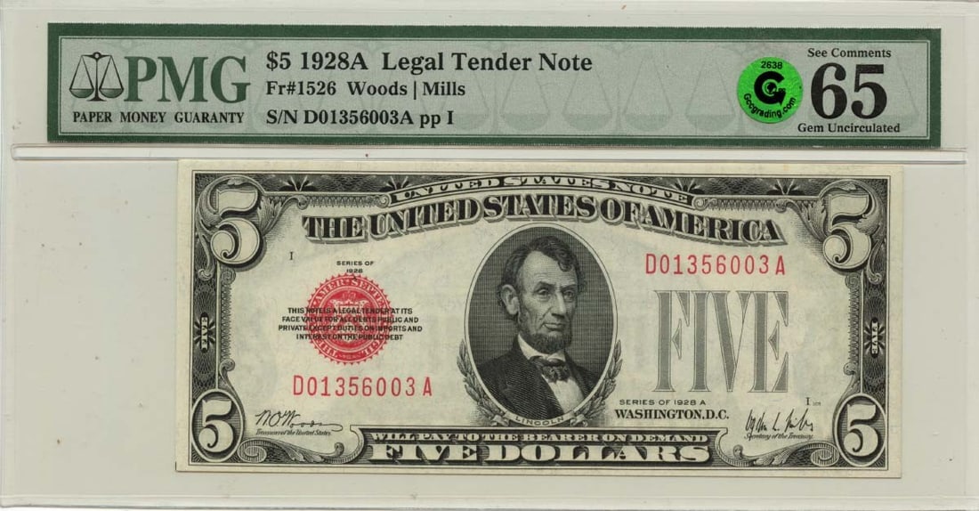 PMG 65 EPQ 1928A $5 Legal Tender Note FR#1526 Green: PMG 65 EPQ 1928A $5 Legal Tender Note FR#1526 Green 1928A $5 Legal Tender Note, cataloged as FR#1526 and graded PMG Gem 65 EPQ. This pre-owned United States note is uncirculated. Specifications Item T