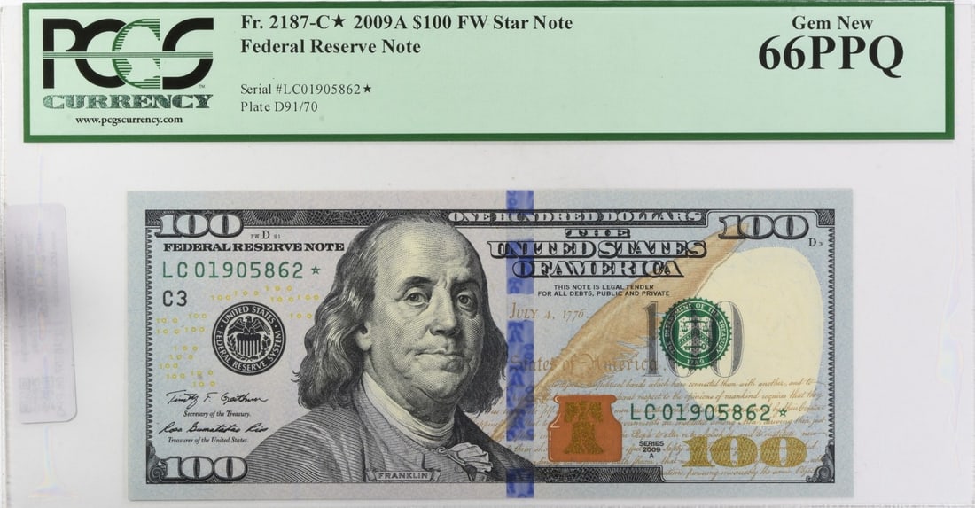 PCGS 66PPQ 2009 $100 Federal Reserve Star Note FR2187-C*: PCGS 66PPQ 2009 $100 Federal Reserve Star Note FR2187-C* 2009A $100 Federal Reserve Star Note certified by PCGS and graded Gem New 66PPQ. This uncirculated United States note is a pre-owned example wi