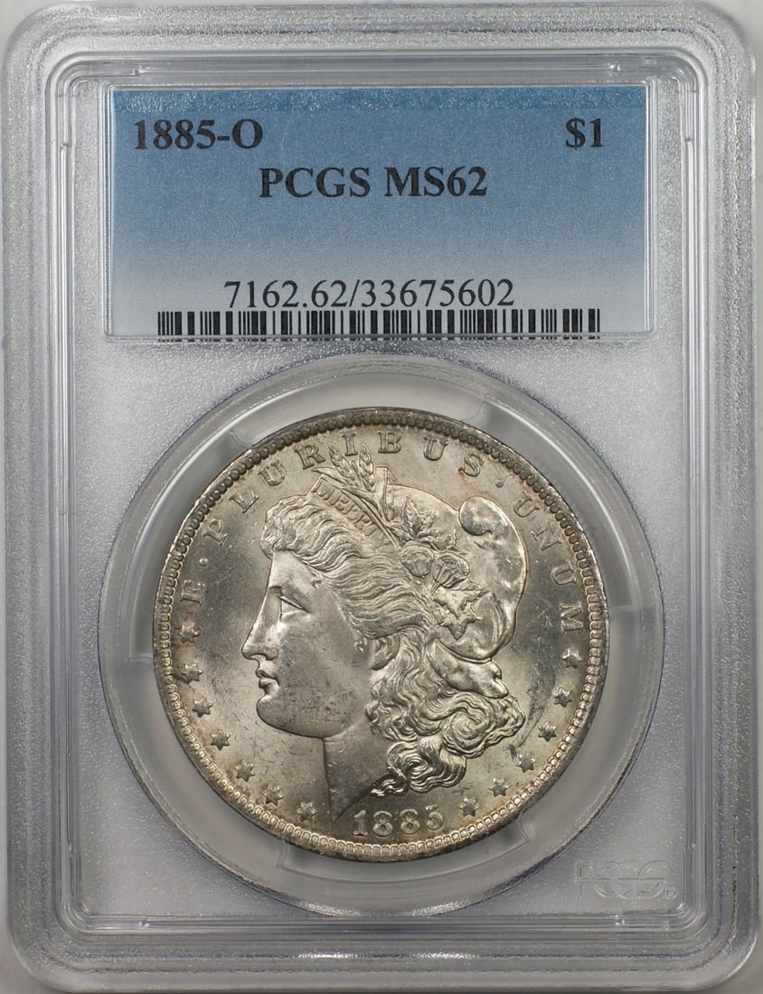 PCGS MS62 1885 O Morgan Silver Dollar $1 New Orleans Mint: PCGS MS62 1885 O Morgan Silver Dollar $1 New Orleans Mint 1885-O Morgan Silver Dollar $1 coin certified by PCGS and graded MS-62. This uncirculated United States coin is composed of 90% silver and is 