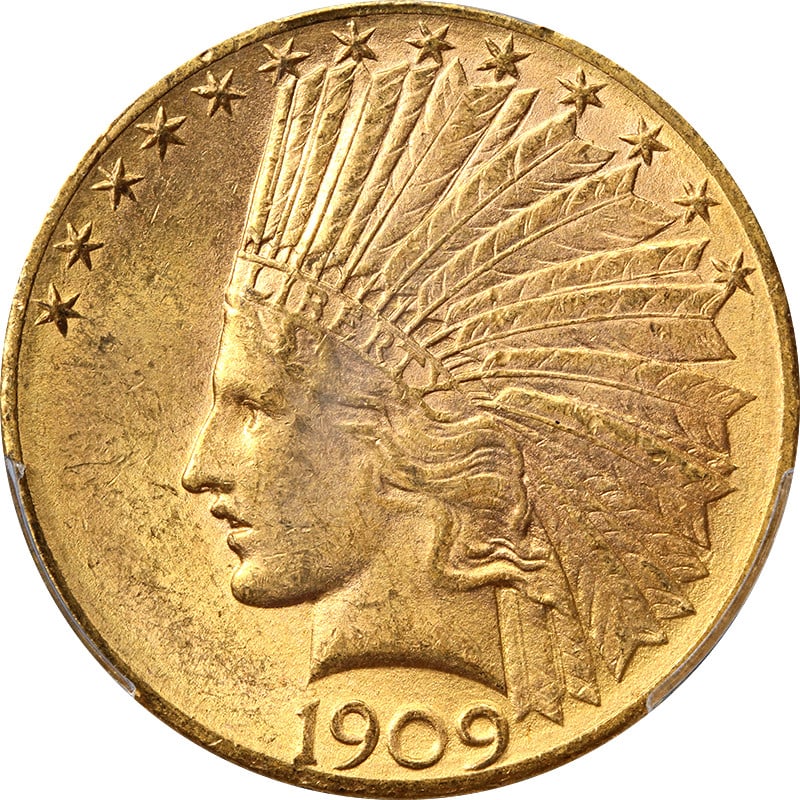 PCGS MS62 1909-D $10 Indian Head Gold Eagle: PCGS MS62 1909-D $10 Indian Head Gold Eagle Original 1909-D Indian Gold $10 coin graded PCGS MS62. This uncirculated pre-owned piece is noted for nice eye appeal, nice strike, nice luster, along with 